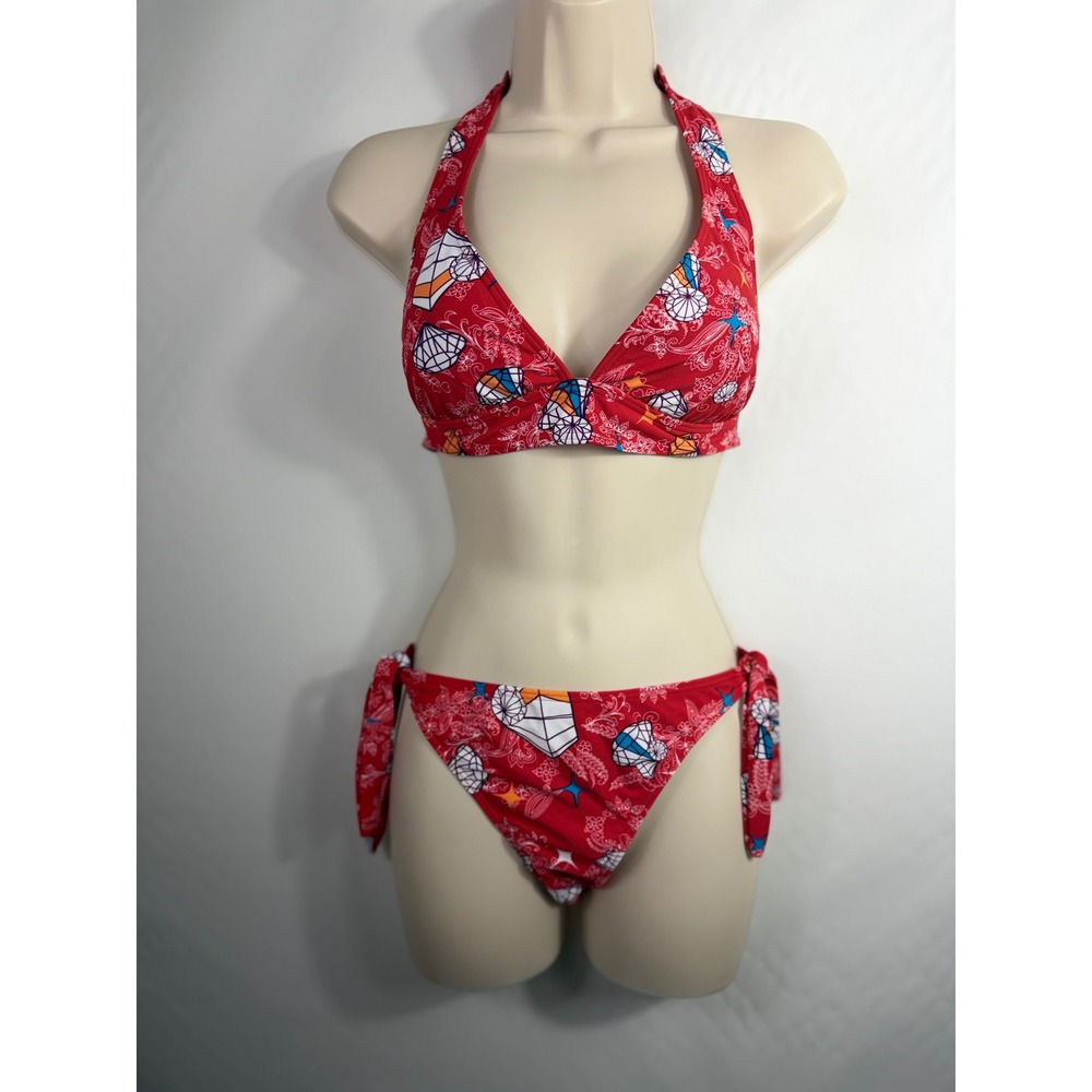 Kaligirlz Red Diamond Star Graphic Halter‎ Bikini Set Side Tie Bottoms Large